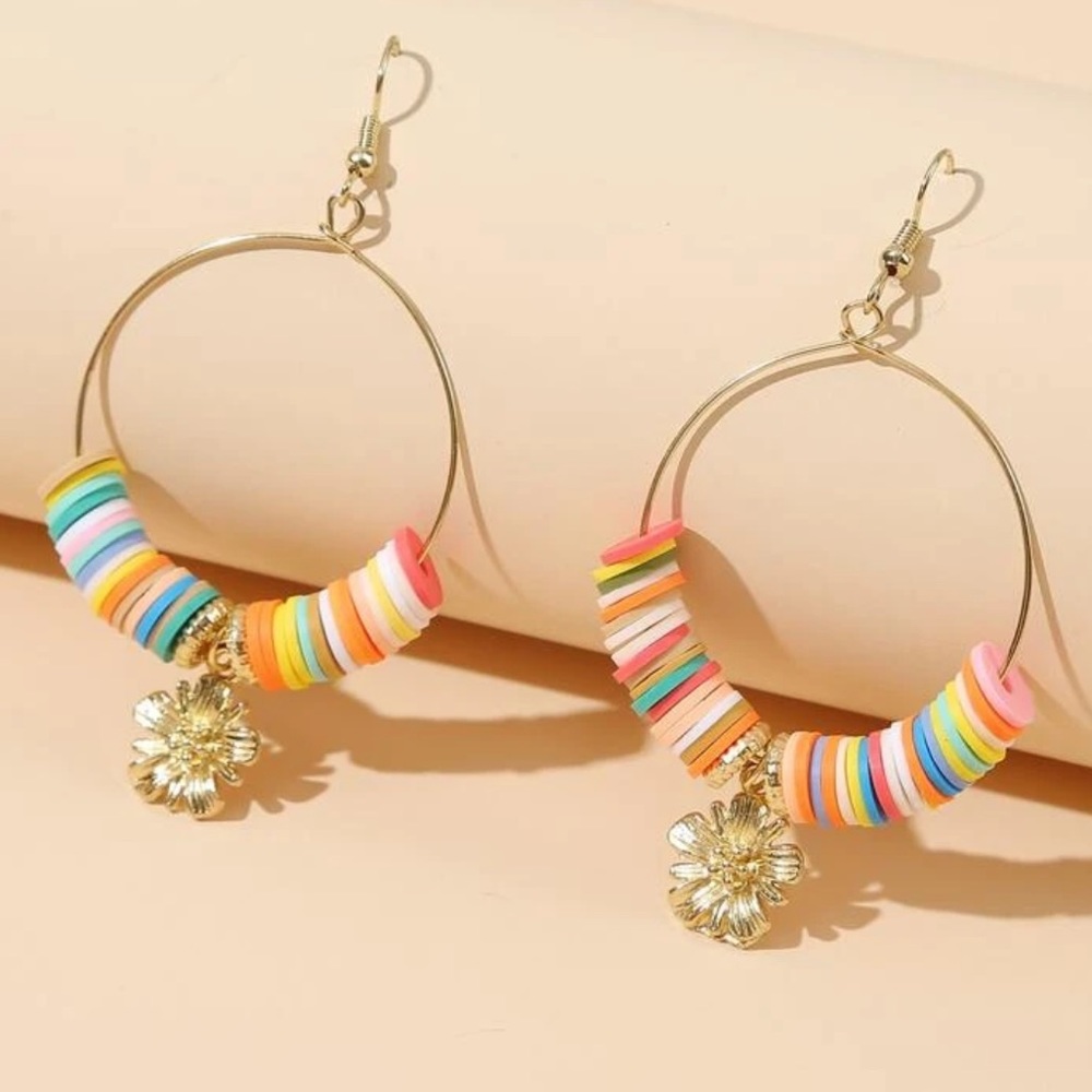 BOHEMIAN MULTICOLOR DISC BEADED GOLD HOOP EARRINGS